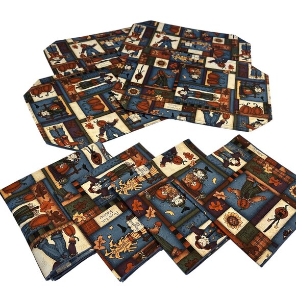 Vintage Halloween Fall Pumpkin Hollow Placemats & Napkins Set of 4 ea. Scarecrow - Picture 1 of 8